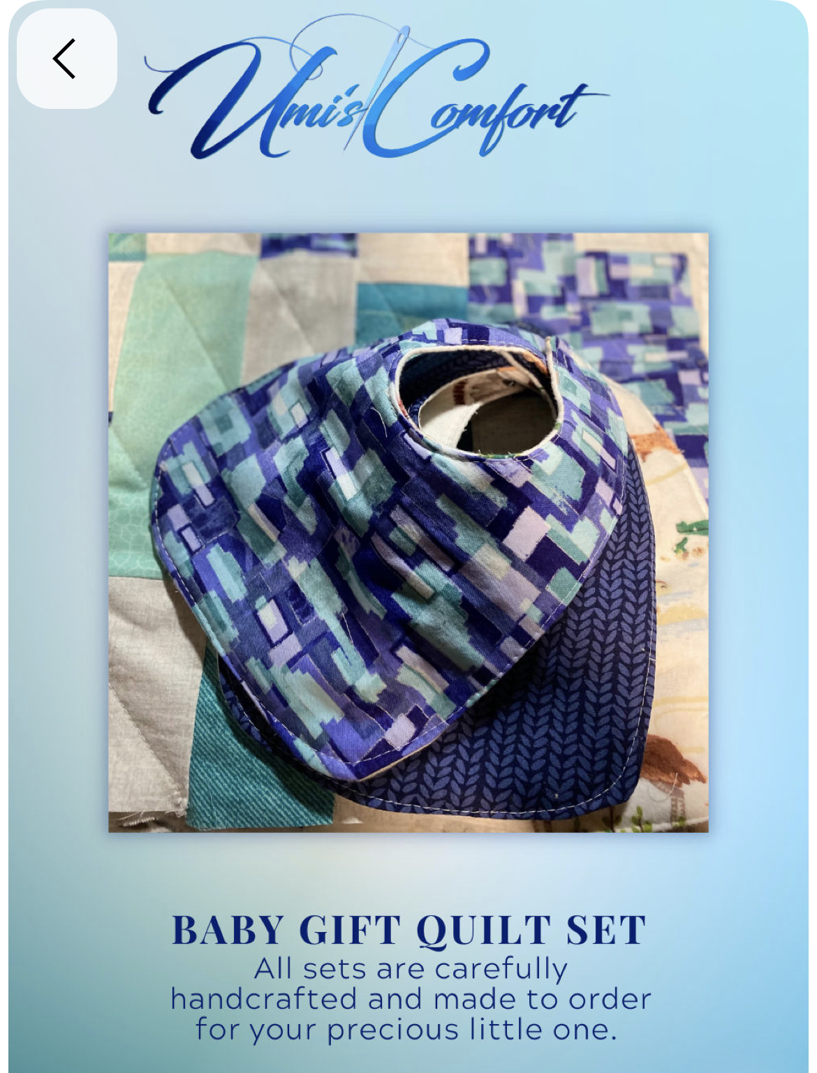 Baby quilt — handmade work by Umi’s Comfort
